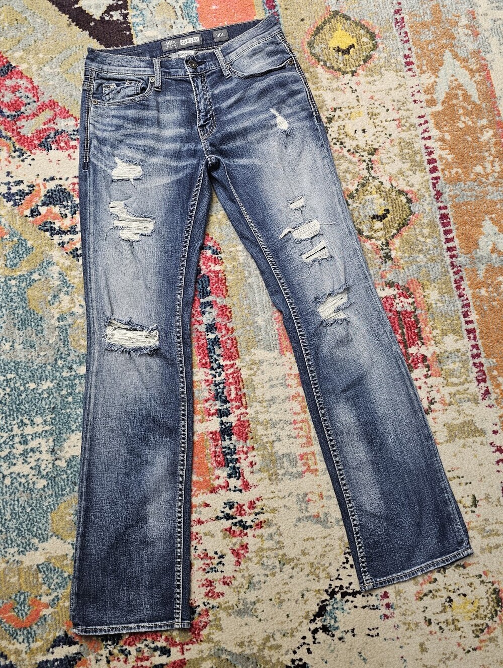 BKE Buckle Jeans Mens Carter Bootleg 30L 30x35 Blue Denim Medium Wash Distressed - Picture 2 of 14